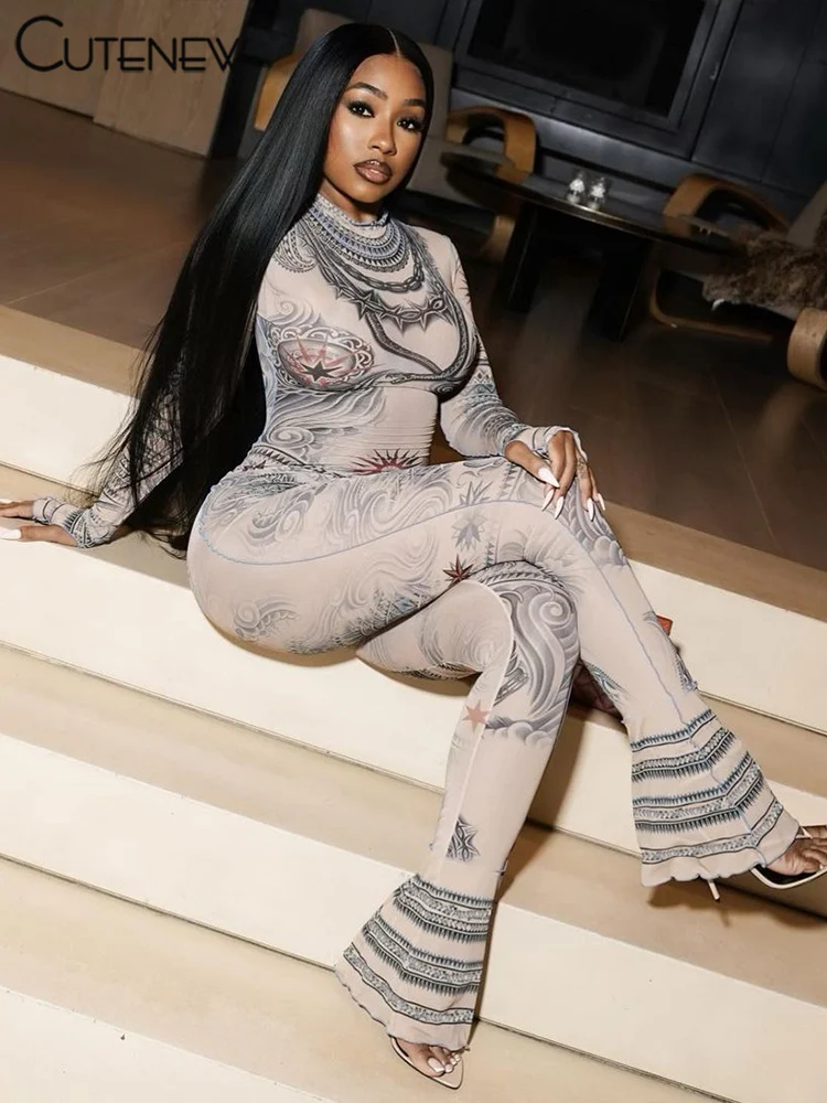 Cutenew femmes couleur kaki imprimé combinaisons Sexy manches longues évasé une pièce pantalon mince salopette fête Clubwear Streetwear