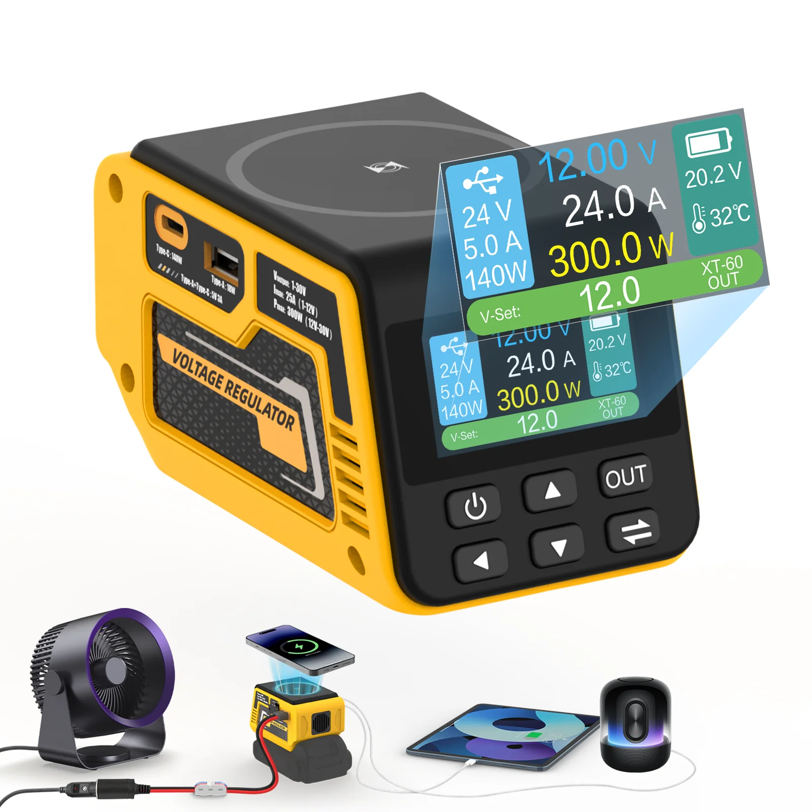 Kzreect 300W Voltage Regulator with Wireless Charging & 100W Type-C Compatible with Dewalt 20V Battery Camping Accessory