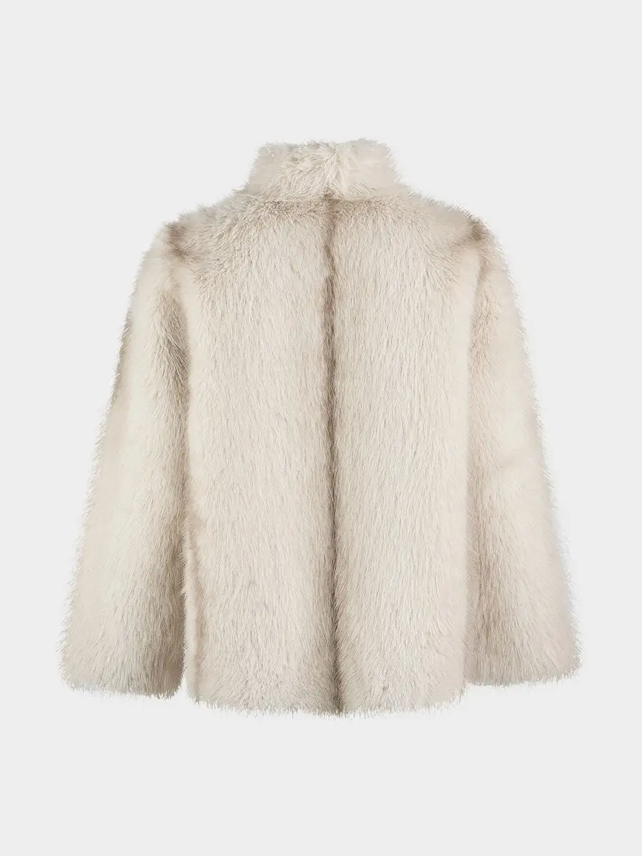 IG Women Cream White Reversible Stand Collar Single Button Mid-Length Coat, Patch Pockets, Winter Warm Elegant Casual Commute