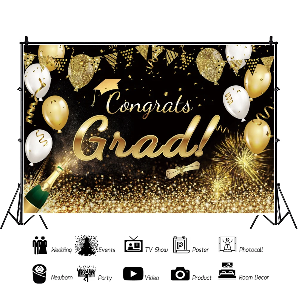 Congrats Grade 2022 Graduation Party Photography Backdrop Golden Balloon Decor Photocall Photographic Background Photo Studio