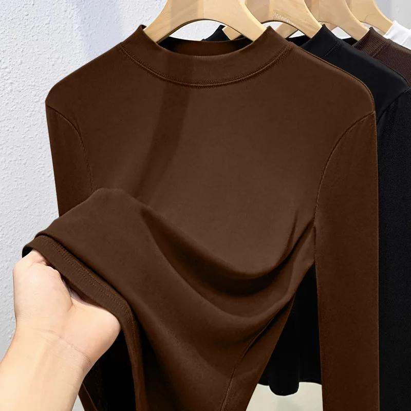 Women's Winter Half Round Neck Warm Base Shirt Long Sleeved T-shirt Autumn Simple and Versatile Autumn Plus Velvet Warm Top