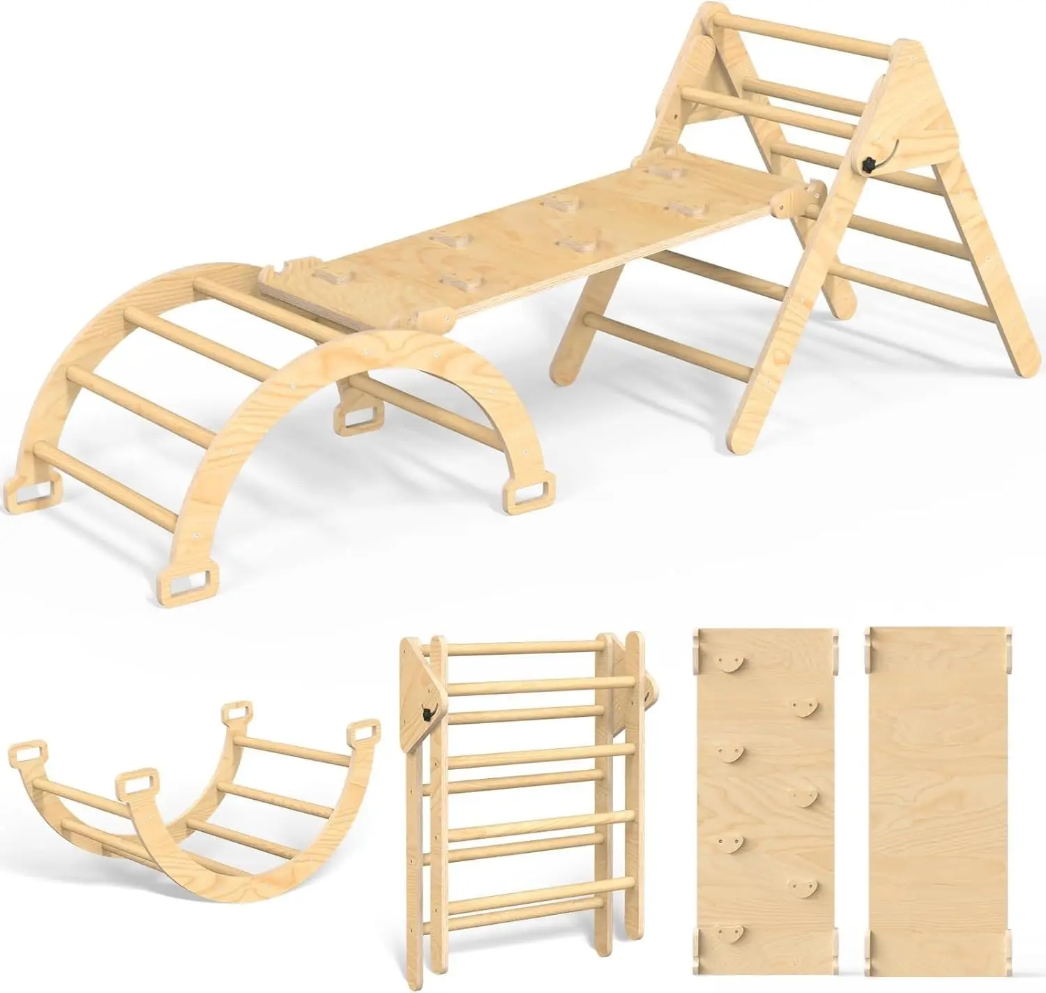 

Pikler Triangle Set, 5 in 1 Wooden Montessori Climbing & Sliding Set with Ramp, Foldable Toddler Playground, Jungle Gym for Todd