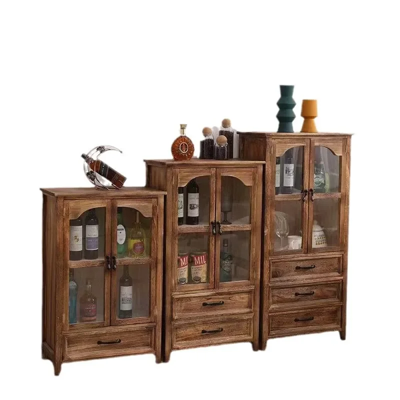 

Solid wood display cabinet storage wine cabinet bookcase living room against the wall American cabinet retro multi-functional