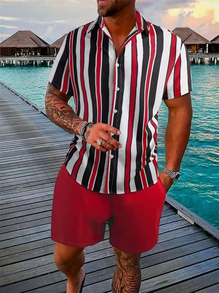 2024 New Summer Hawaiian Men\'s Vacation Casual Suit Classic Striped Printed Shirt Short Sleeve Shorts Suit Fashionable Mens Suit