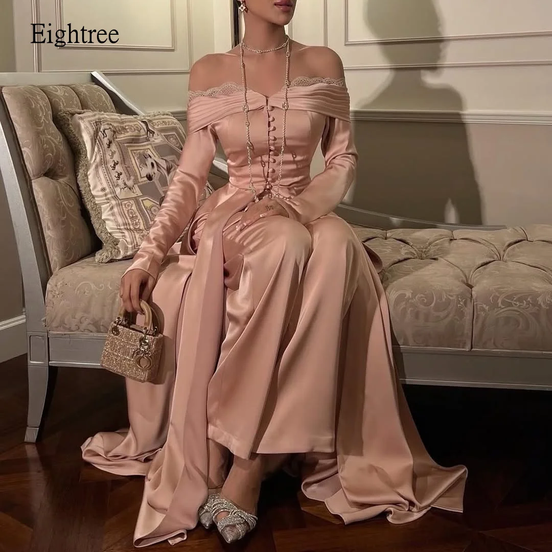 

Eightree Elegant Pink Off The Should A Line Formal Prom Gowns Lace Neckline Evening Dress Floor Length Party Dress Customized