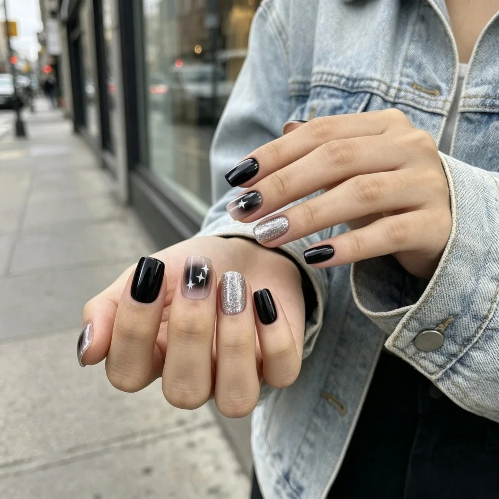 Short Square Press on Nails, Black Silver Star Glitter Fake Nails, Glossy Reusable False Nails for Daily Wear, 24 Pcs Short Square Shape with Natural Curve, Comfortable Short‑Length Design, Won’t Catch Clothes for Daily Commuting