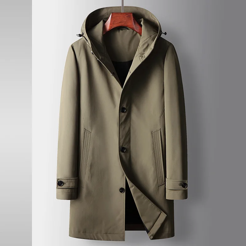 

Spring Autumn New Fashion Men's Business Casual Trendy Solid Color Loose Long Sleeve Hooded Trenches Male Clothes Coats Tops