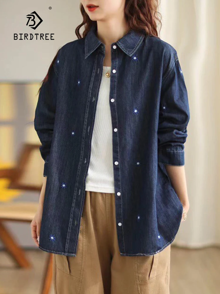 

New Spring Cotton Denim Shirt Women Lapel Long Sleeve Embroidery Tops Girl Loose Commute Casual Blouses 2024 Autumn T44750QC