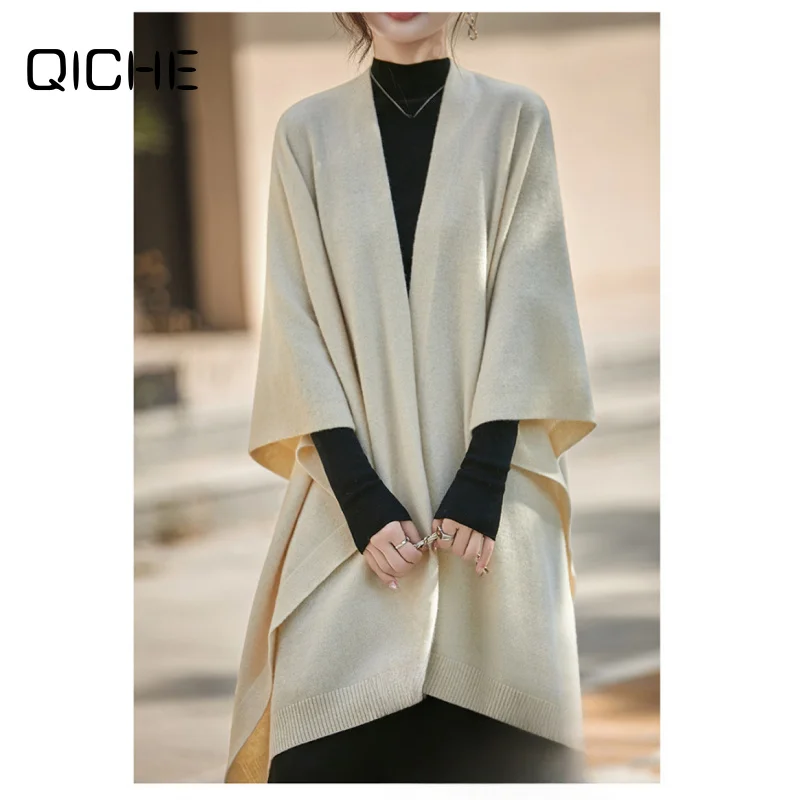 QICHE Women 2026 Spring Autumn Solid Color 100% Wool Shawl, Simple Elegant Daily Warm Atmosphere Knit Wrap Outerwear
