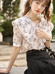 MISHOW Floral Blouses for Women Summer 2023 Loose Fit Peter Pan Collar Single Breasted Retro Puff Sleeve Female Tops MXC33X0070