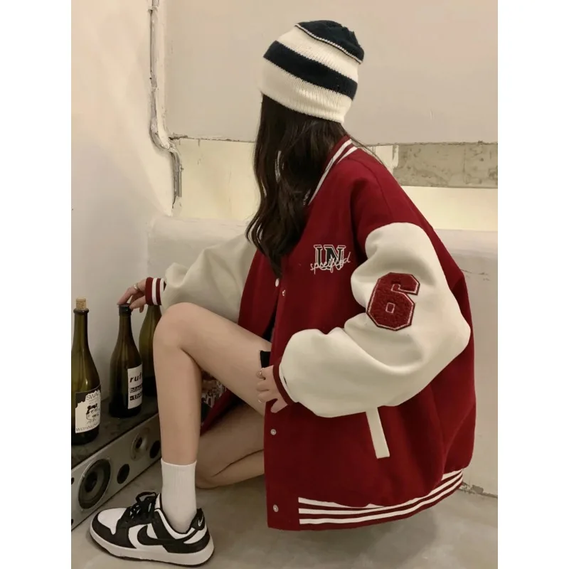 

Women's Faionable Casual Student American Baseball orm Printed Splice ket Long Sve Button up