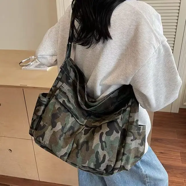 Vintage Camo Canvas Tote Bag Adjustable Strap Multi Pocket Large Capacity Casual Shoulder Crossbody Handbag
