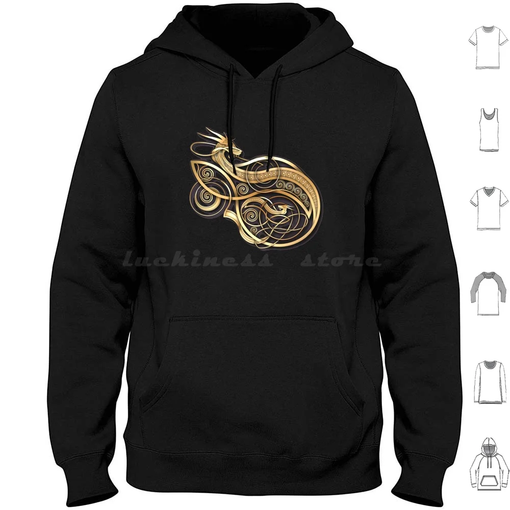 Gold Norse Dragon Hoodie Cotton Long Sleeve Norse Viking Dragon Norse Knotwork Gold Knotwork