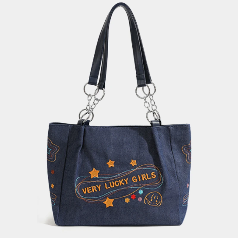 

Large Capacity Embroidered Denim Women's Handbag Shoulder Bag Fashion High Quality Women's Bag Tote bag