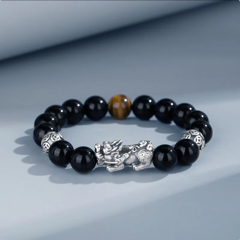 

Natural Black Obsidian Round With Sterling Silver Pi Xiu Coin Beads Couple