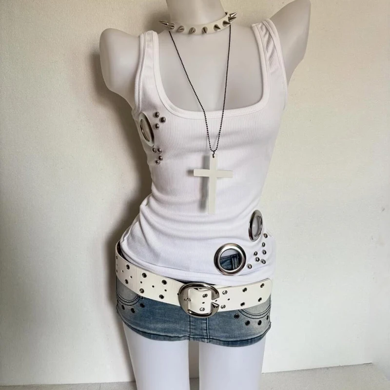 Y2K Grunge Metal Eyelet Cutout Tank Top Women's Washed Black Ribbed Slim Fit Camisole Punk Fashion Leisure Aesthetic Streetwear