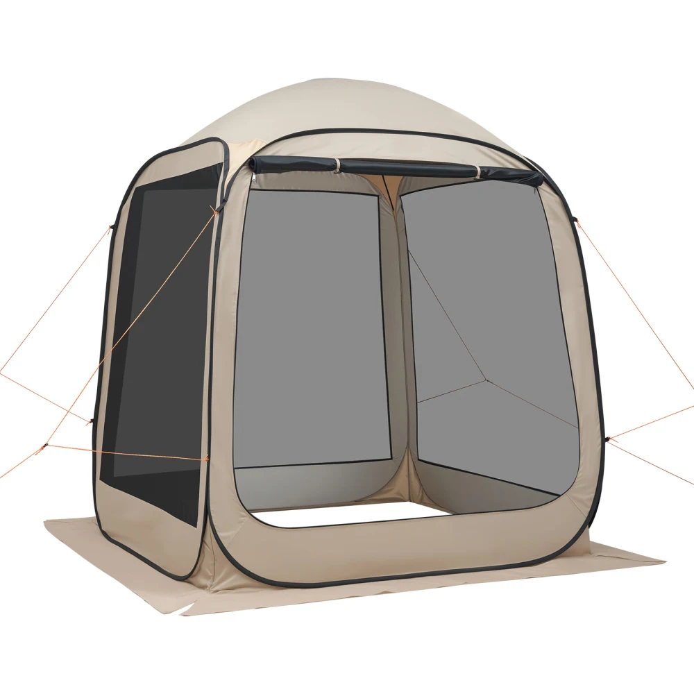 Beige Portable Mesh Tent. Quick and Easy To Set Up. Spacious 6 X 6 Feet (approx. 1.8 X 1.8 Meters) for 4-6 People. Comes with A Storage Bag, Mesh Sides, and Ground Pegs. Suitable for Gardens, Patios, Backyards, and Outdoor Activities.