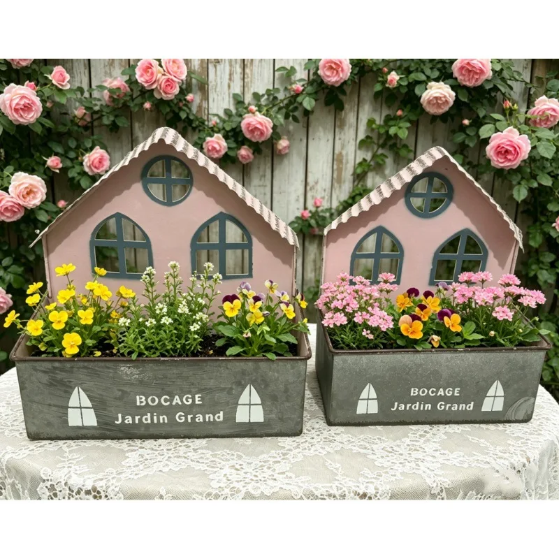 HYS wrought iron old iron house flower box courtyard desktop decorative flower pot balcony wall hanging pot