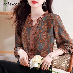 Women Korean Fashion Vintage Print Ruffle Blouse Elegant Chic Lace Patchwork Shirts Casual V Neck Long Sleeve Loose Tops Blusas