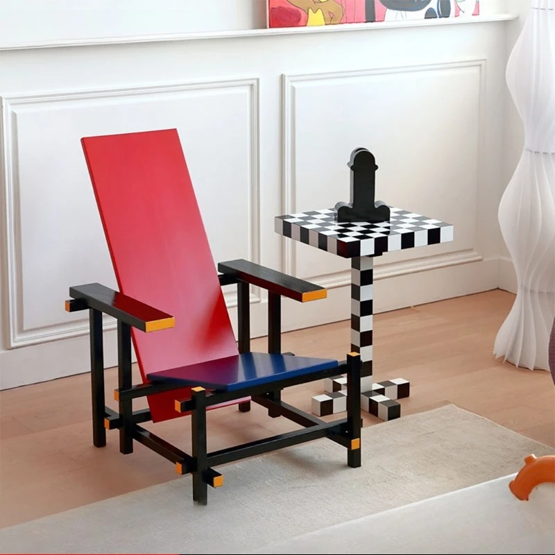 

Master Design Geometric Memphis Coffee Table Minimalist Chess Side Table Red and Blue Chair Living Room Single Sofa Art Leisure