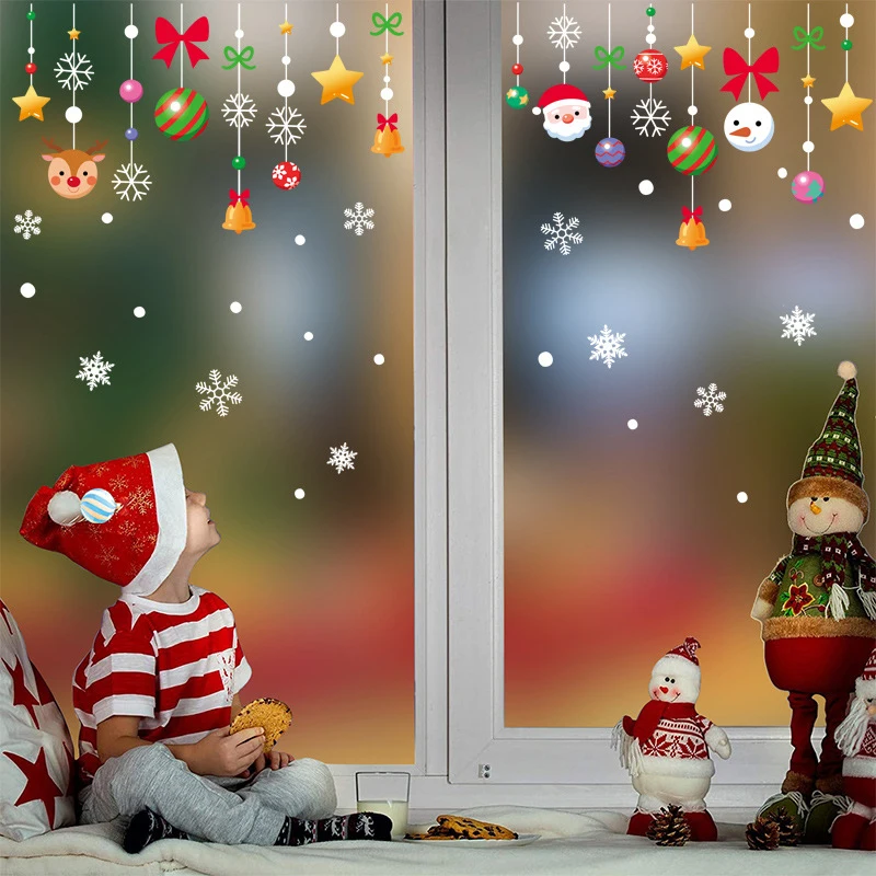 Merry Christmas Glass Window Stickers Santa Claus Snowman Elk Tree Snowman Electrostatic Wall Sticker Christmas Decorations