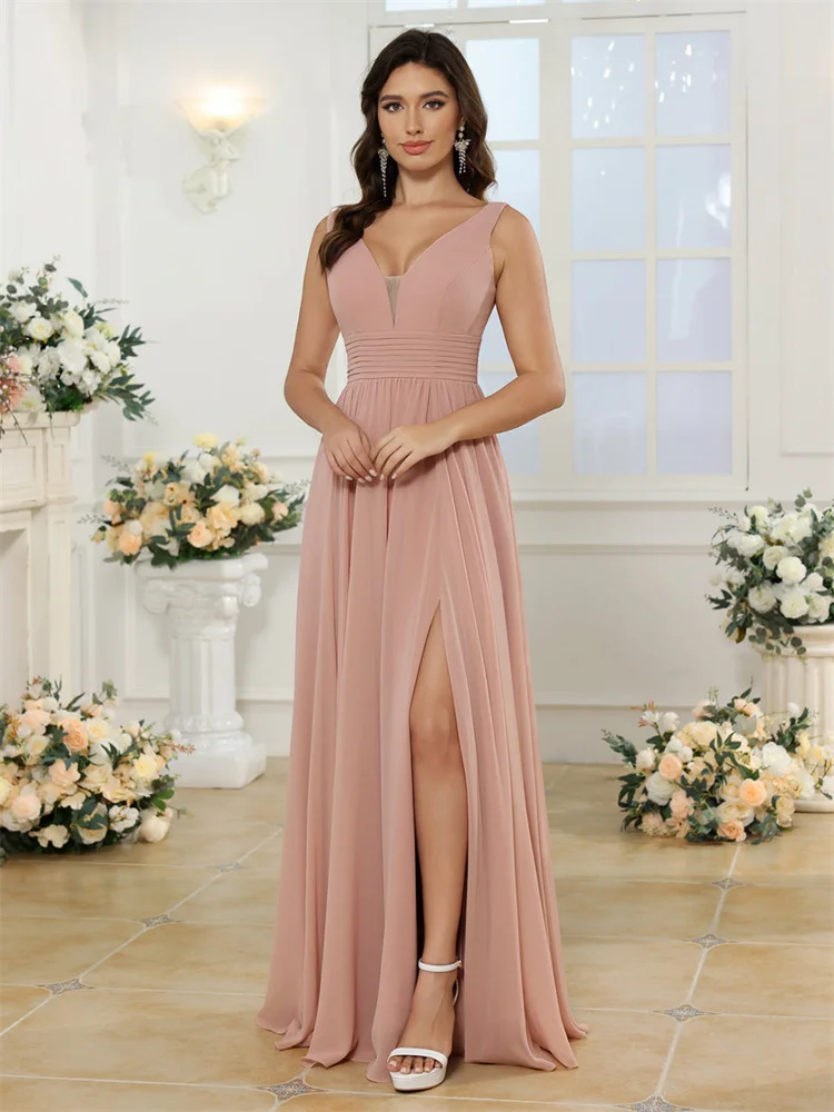 

New Arrival V Neckline Sleeveless A-Line Chiffon Bridesmaid Dress Elegant Split Side Open Back Zipper Gowns For Wedding Guests