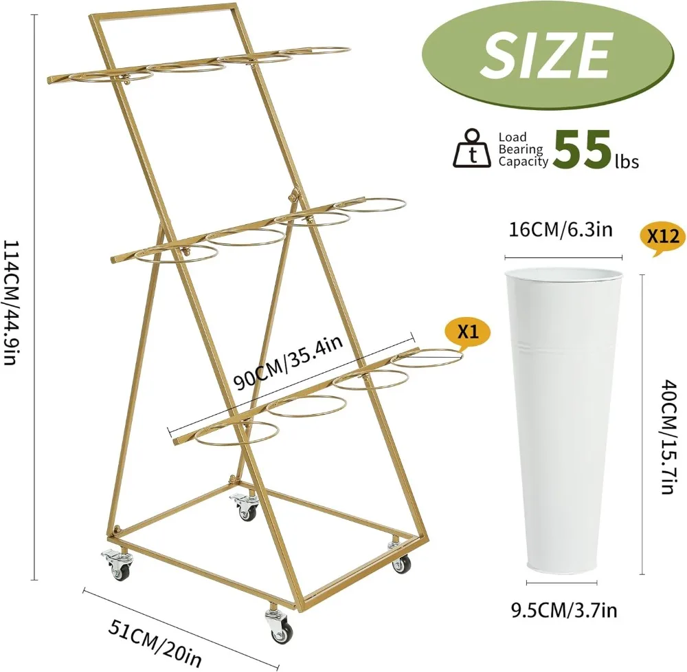 

3-Tier Flower Cart with 12 Metal Buckets, 360° Swivel Wheels & Brake, Durable Iron Stand for Florist Wedding Display