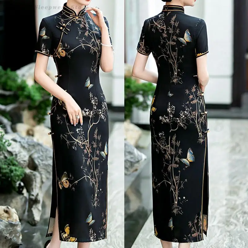 

Сексуальное черное женское платье Cheongsam, элегантное китайское традиционное платье Ципао, жаккардовое вечернее платье с бабочкой, большие размеры 3XL 4XL