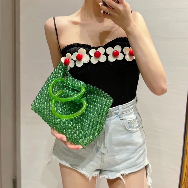 Green Transparent Crystal Bag Women\'s Fashion Retro Simple Handbag Beach Holiday Hand Woven Beaded Bags 2023 New Ladies Clutches