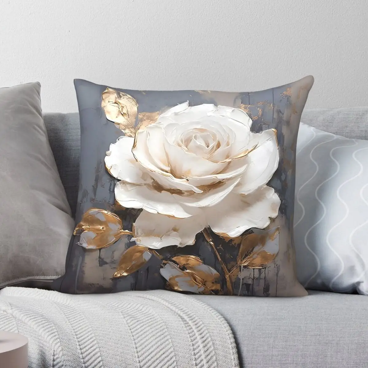 White Rose With Gold Leaf Square Pillowcase Polyester Linen Velvet Pattern Zip Decor Room Cushion Cover 45x45