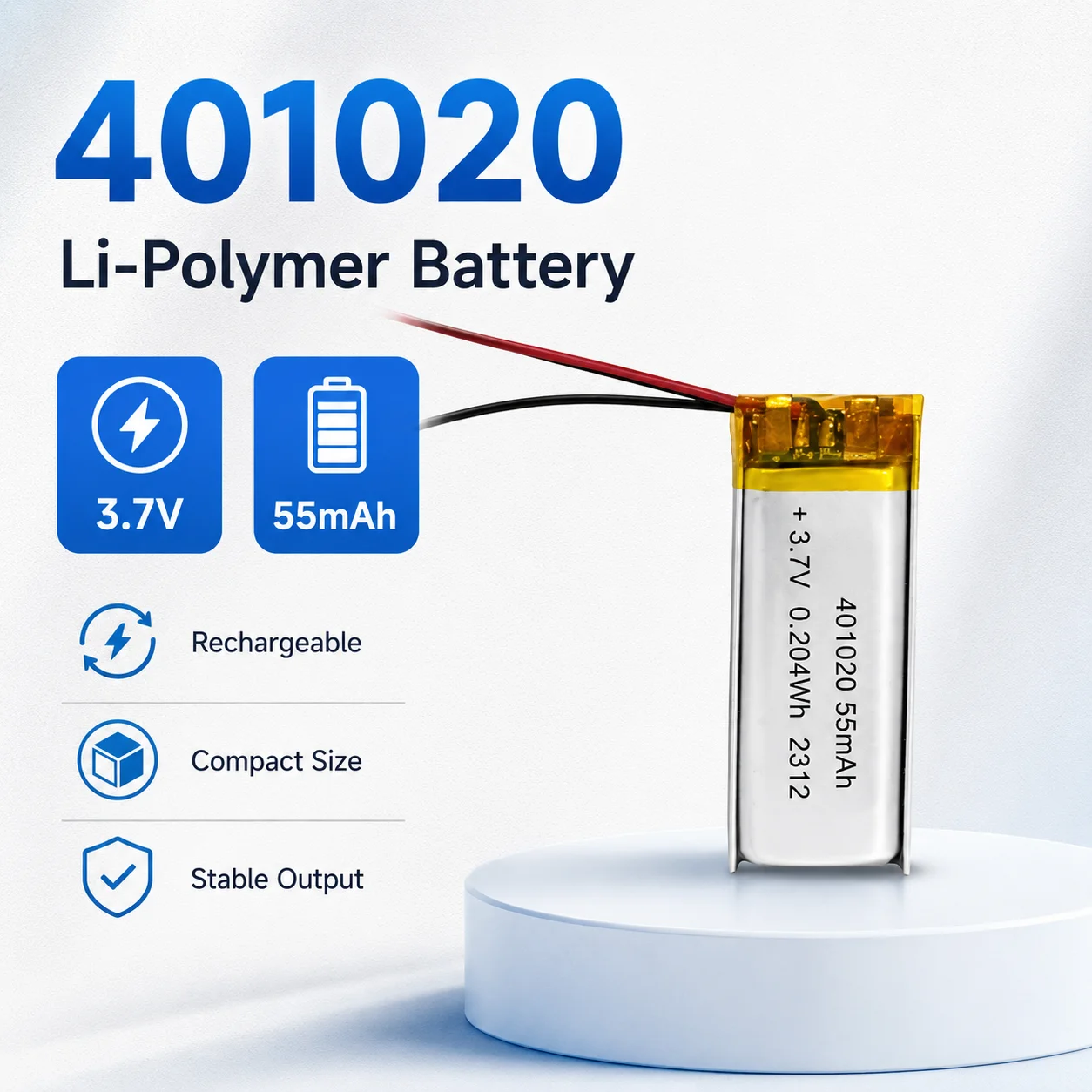 

401020 3.7V 55mAh Rechargeable Lithium Polymer Battery for Bluetooth Earbuds Smartwatch GPS MP3 Mini Speaker