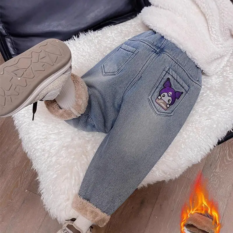 

Sanrio Kuromi утепленные джинсы для девочек, осенне-зимние прямые брюки для детей, каваи, аниме, модная повседневная одежда с героями мультфильмов, новый стиль