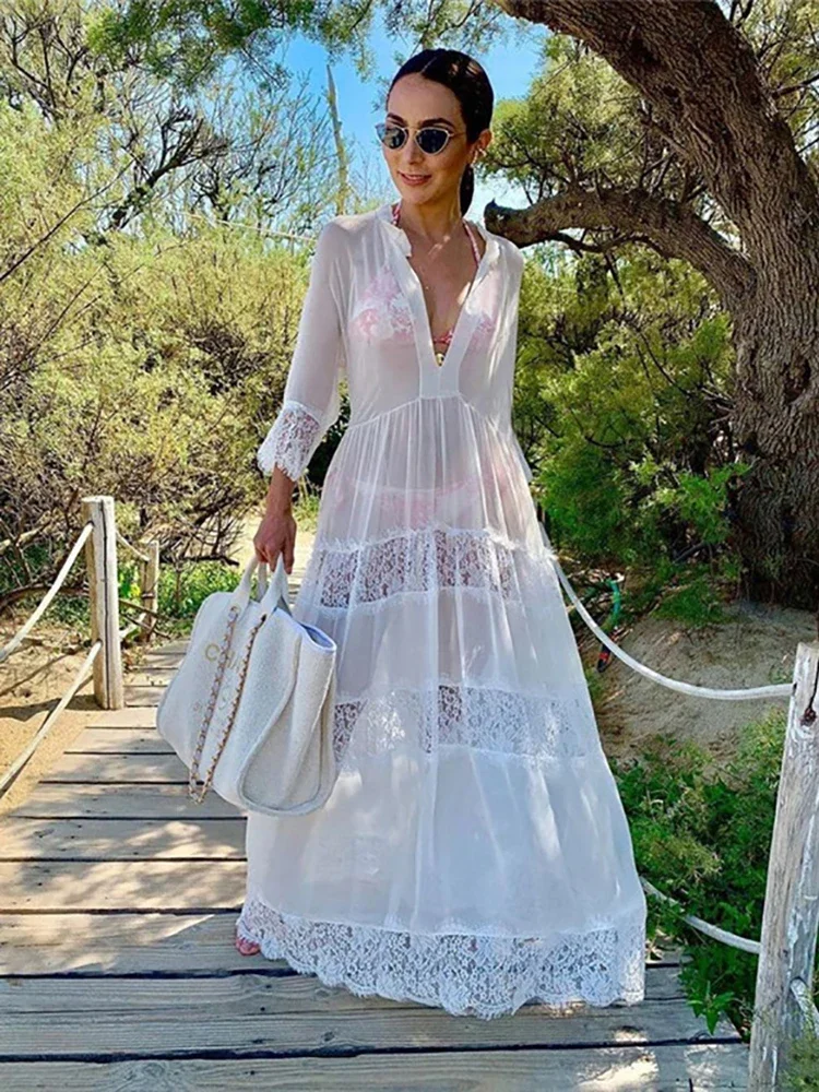 

New White Bikini Cover Up Chiffon Lace Beach Tunic Beachwear Swimsuit Cover Up 2024 Pareos Women Swimwear Cover-up