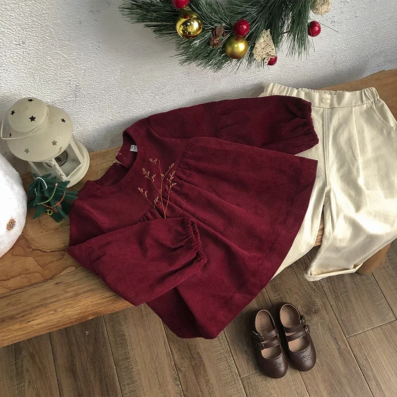 Chic Christmas Burgundy Long Sleeved Blouse Girls Autumn And Winter New Corduroy Bubble Sleeve Shirts Children\'s Clothing