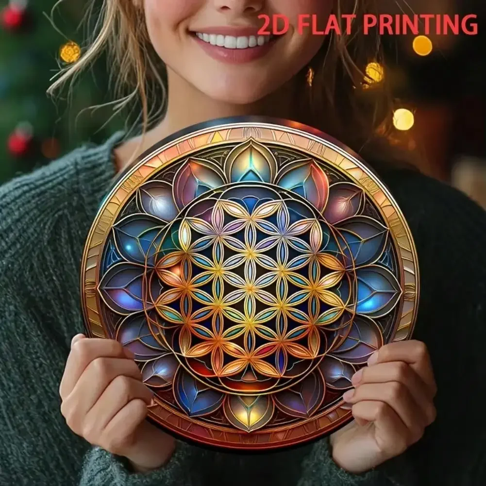 Sacred Geometry Flower of Life Wall Art 8-Inch Iron Mandala Hanging Decor for Door Indoor Vibrant Multicolor