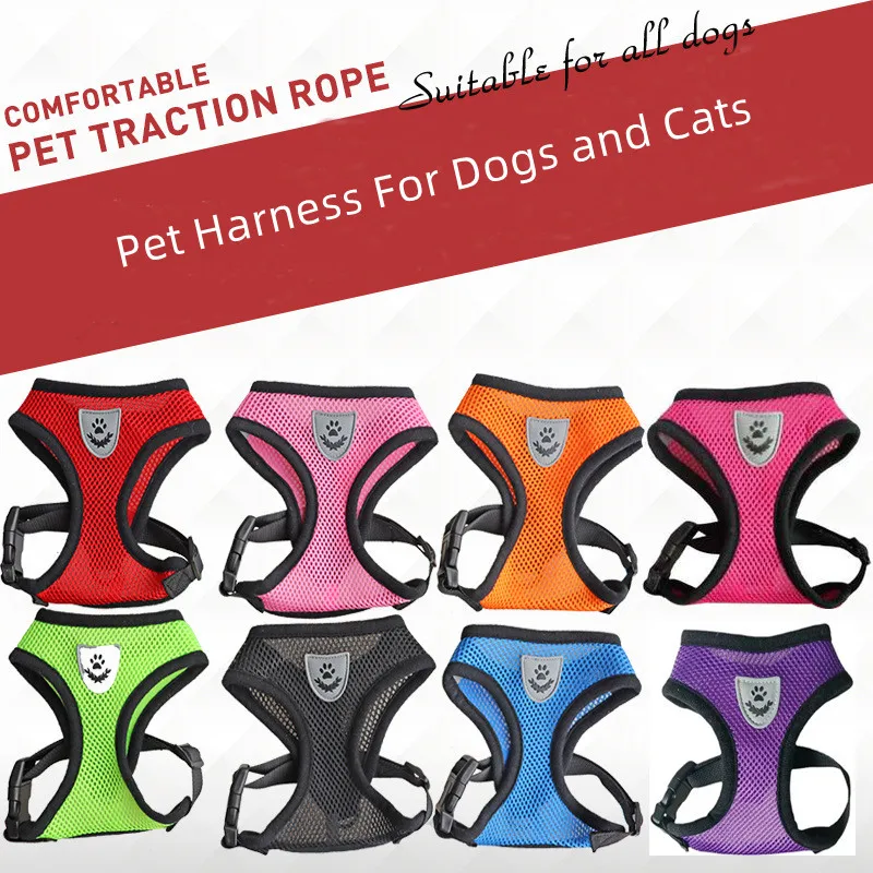 8 Colors Dogs Harness Collar Cat Dog Adjustable Vest Walking Lead Leash Soft Breathable Polyester Mesh Harness Pet Dog Supplies