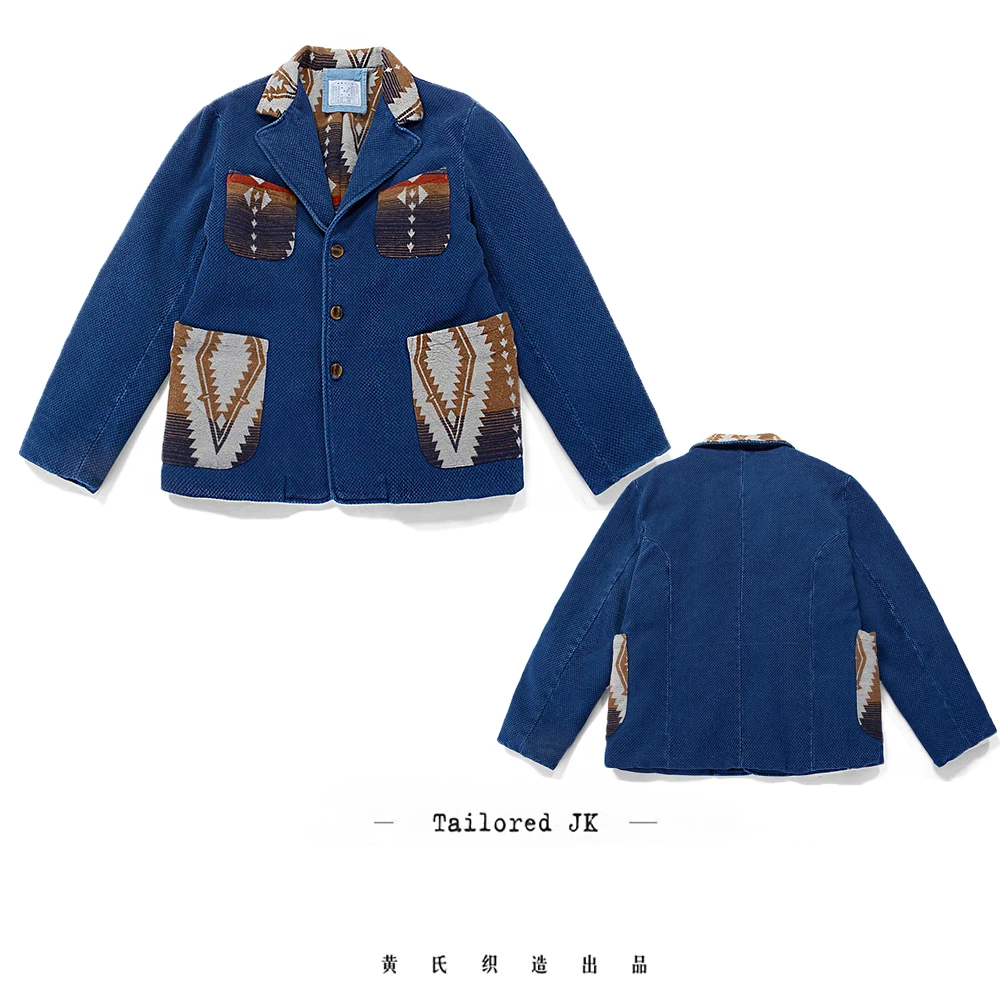 Men's Indigo Multi Pockets Jacket French Retro Blue Dye Lapel Thick Workwear Tooling Cardigan Coat plus Size for Autumn Winter