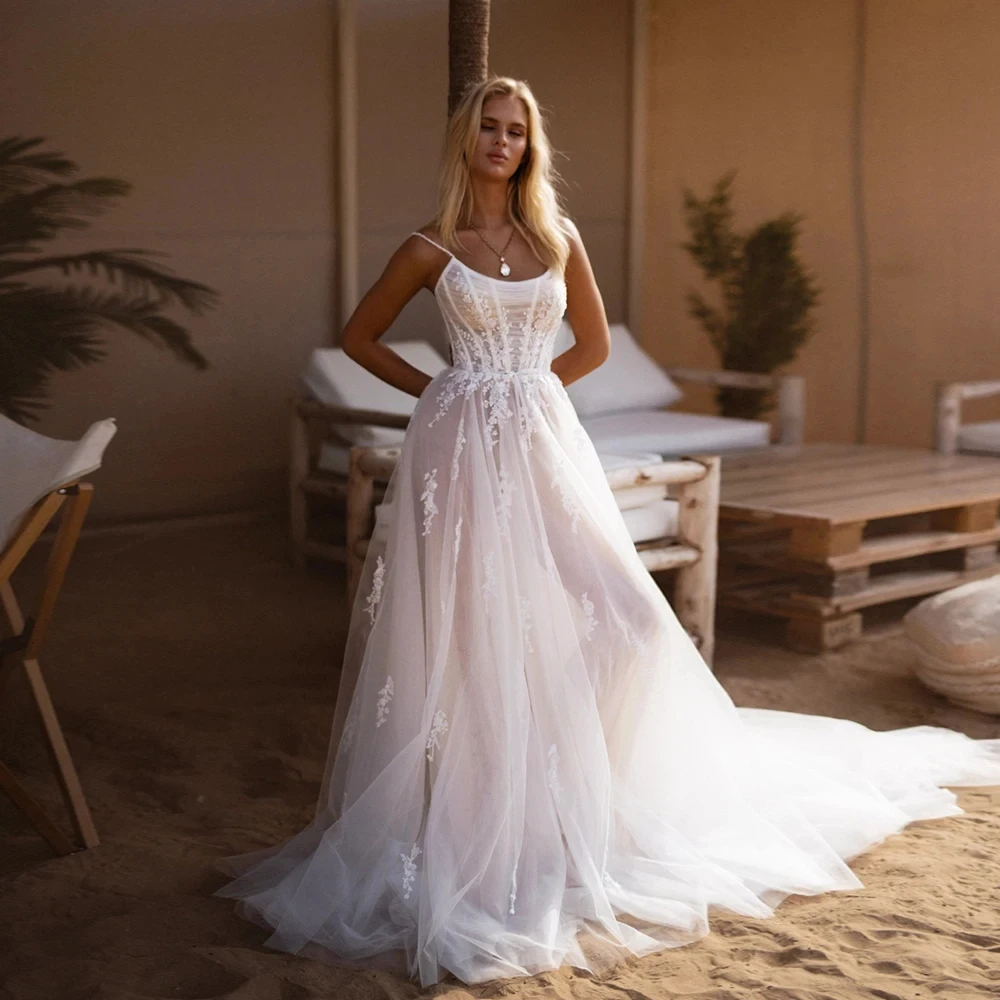 

A Line Wedding Dresses with Soft Tulle Summer Sleeveless Modern Spaghetti Straps Bridal Gowns Exquisite Vestido De Novia New