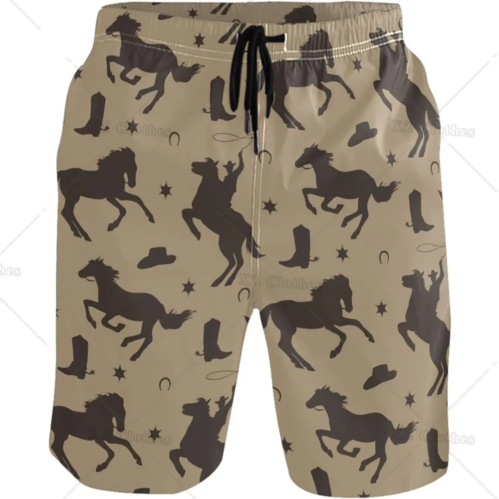 Cowboy Horse Silhouette Beach Shorts Summer Swim Trunks Sports Running Bathing Suits with Mesh Lining and Pocket