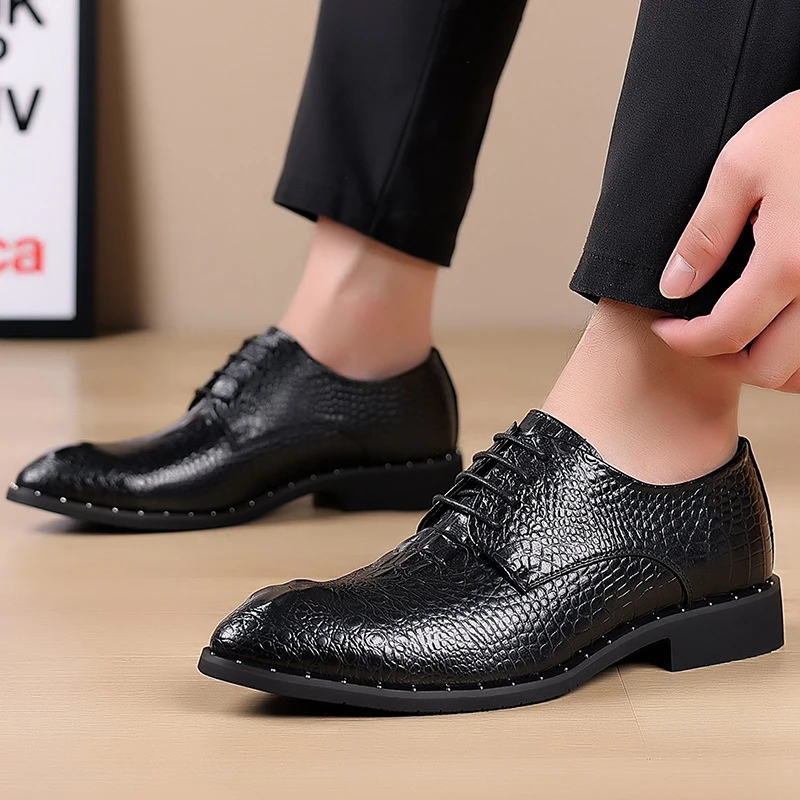 

Mens Black Crocodile Embossed Leather Oxford Shoes Lace Up Formal Dress Shoes With Metal Rivet Detail Business Office Wedding
