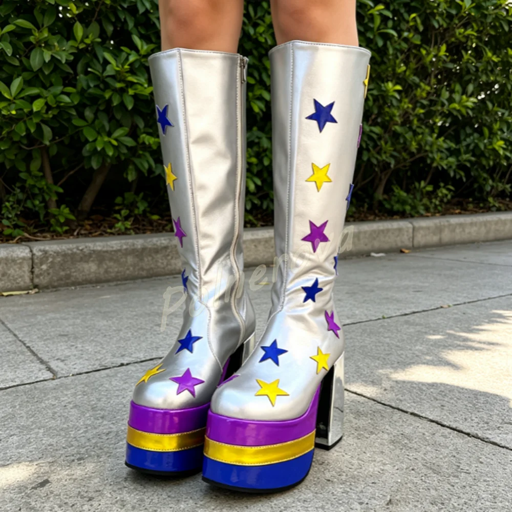 Colorful Star Patch Decor Silver Boots Multilayer Platform Side Zipper Knee High Platform Boots Chunky Block Heel Party Boots