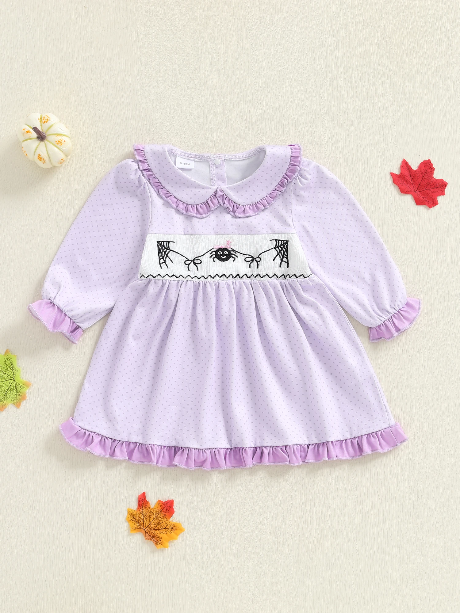 ชุดเดรสฮาโลวีนเด็กผู้หญิงน่ารักพร้อมคอตุ๊กตาปักลายจุดและแขนยาวระบาย - ทรงเอที่น่ารัก