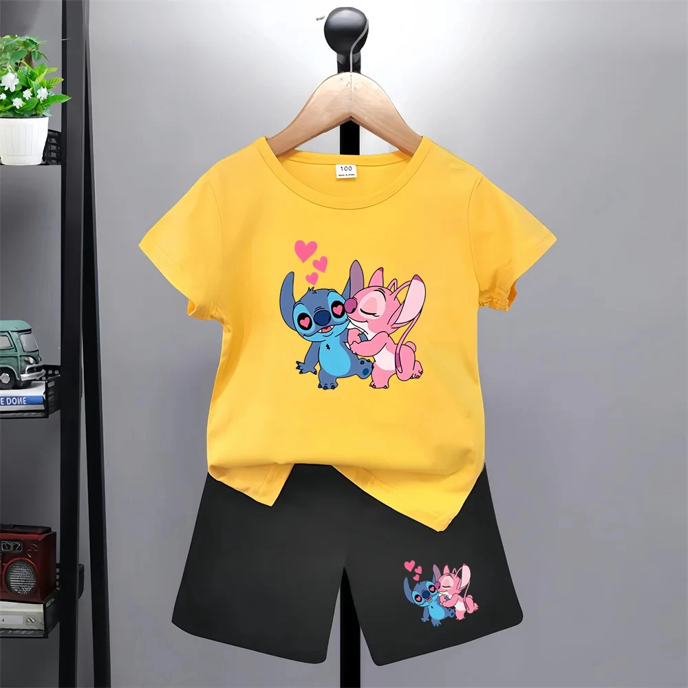 

Kid Age 3-12 Boy black Girls red Tee Children T-shirts Shorts Set 2pcs fashion Top Disney Stitch Anime Print Summer Clothes