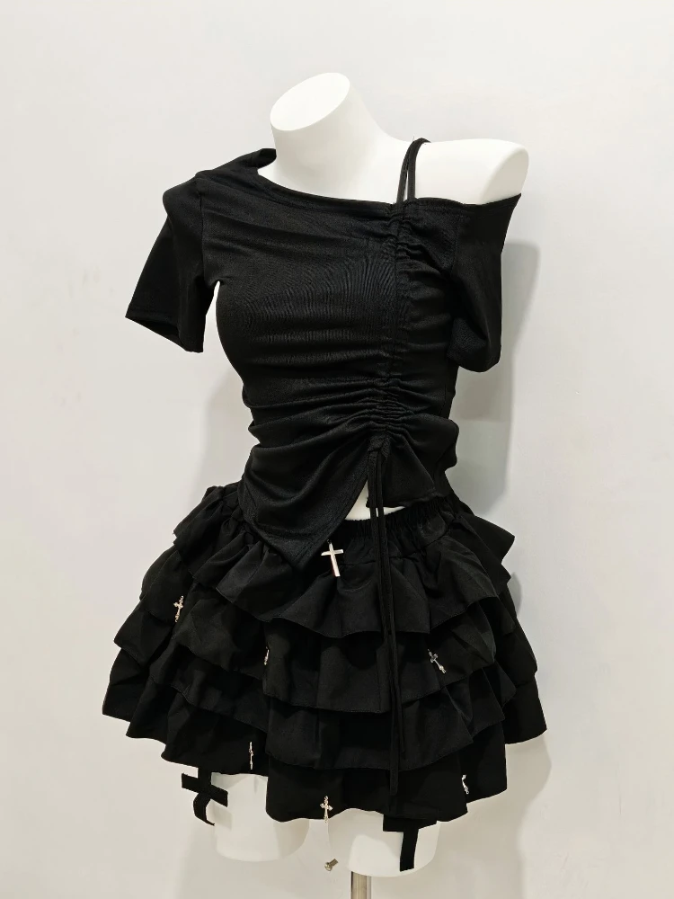

Gothic Black Cross Two Piece Set Women Casual Slim Tank Tops + Dark Aesthetic Puffy Mini Skirt Korean Vintage Fashion Skirt Sets