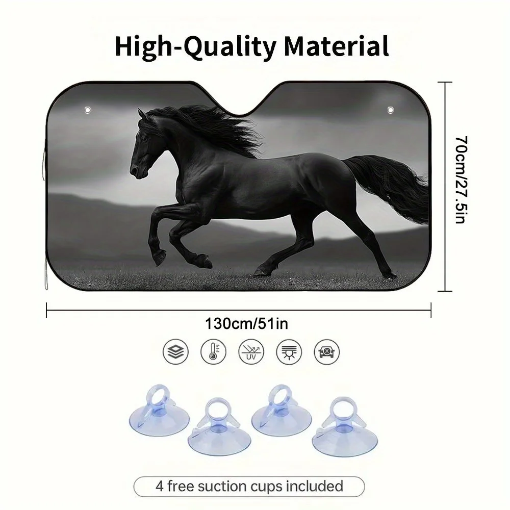 2D Flat Majestic Galloping Horse Print Car Sunshade – Stylish & Functional, Includes 4 Suction Cups For Easy Setup, Foldable For