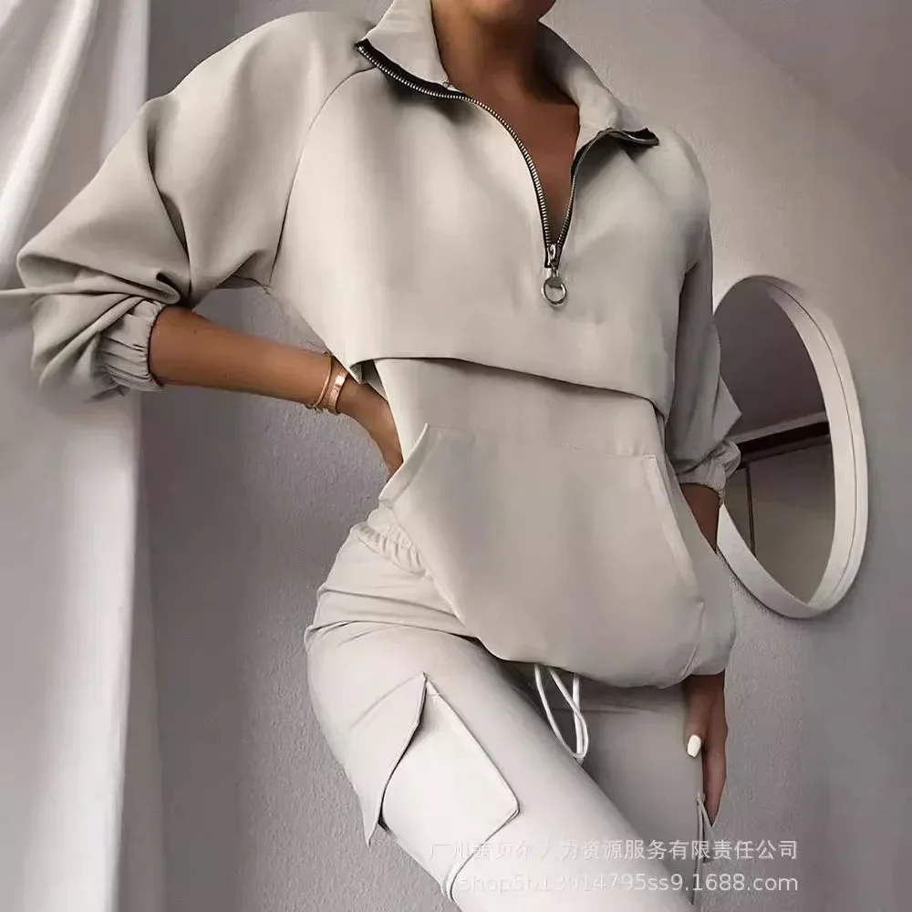 

Women Autumn Winter Apricot 2pcs Sports Clothes Set Long Pockets Sweatshirt Pullover Top & Sweatpants