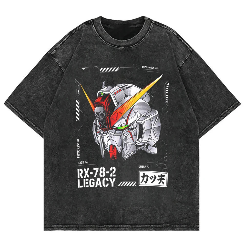 Retro Gundam Washed T-Shirt Herren Rosa Rot Grafik-T-Shirt 100% Baumwolle Japanische Kalligrafie-Druck Übergroßes Y2k Mecha Streetwear Oberteil