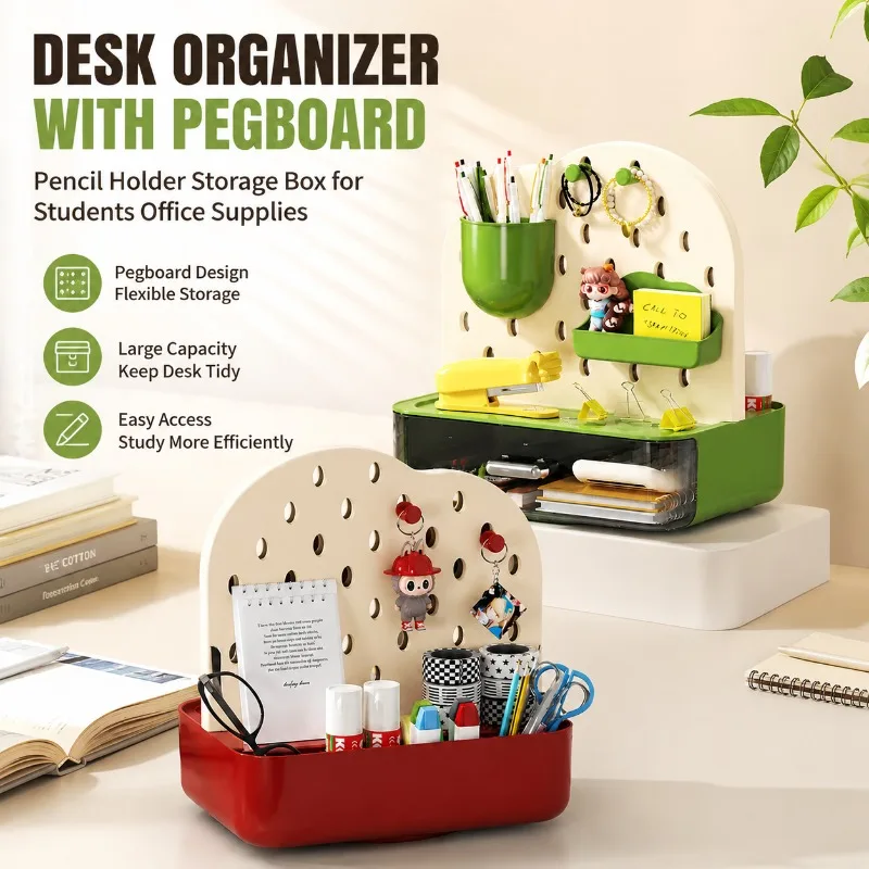 Desk Organizer with Pegboard, Pencil Holder Storage Box for Students Office Supplies