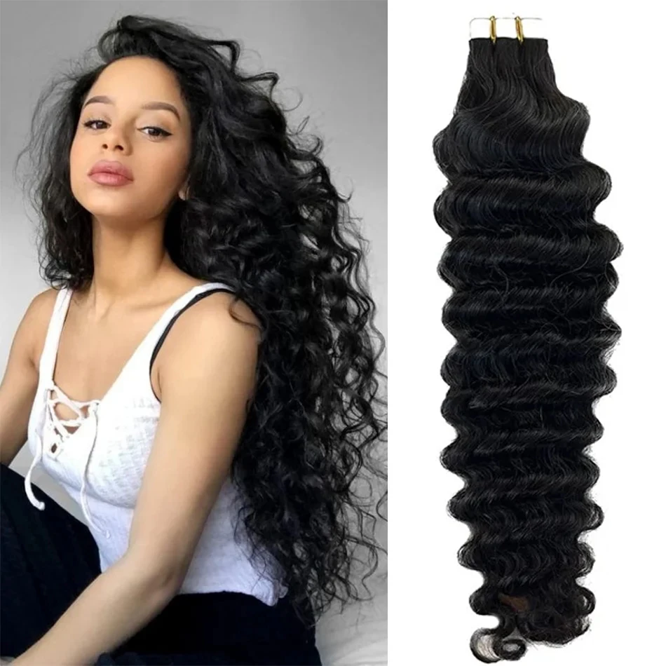 # 1b Natuurlijke Kleur Diepe Golf Tape In Hairextensions Braziliaans Menselijk Haar Krullend Volledig Hoofd Pu Naadloze Human Hair Extensions