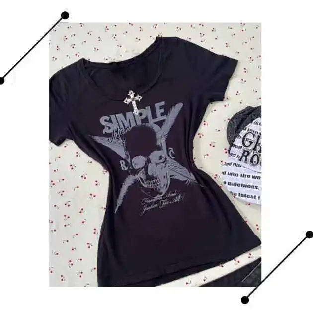 Goth T-shirts Skull Y2k Woman Top 90s Summer Slim Crop Female Clothing Korean Sweet Tees Baby Punk High Street emo Girl T shirt